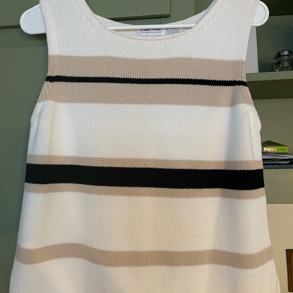 JEANNE PIERRE White Knit Tank with Black and Beige Stripes